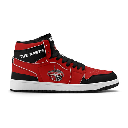 Toronto basketball-inspired Jamrock High top sneakers in red and black with The North collar and Toronto CN Tower skyline crest