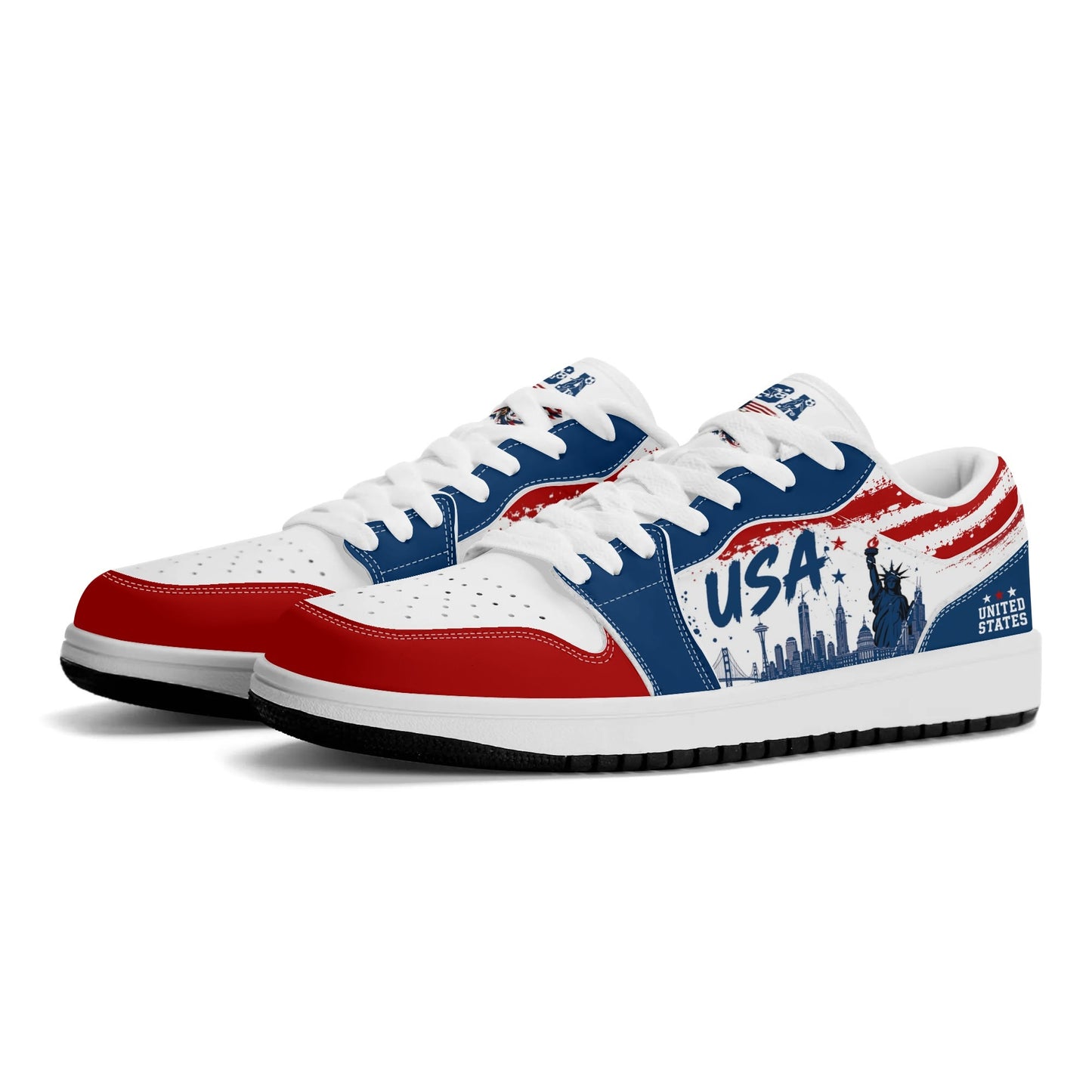 USA soccer flag Jamrock Low sneakers with red white and blue design, red laces, skyline artwork, and Statue of Liberty details