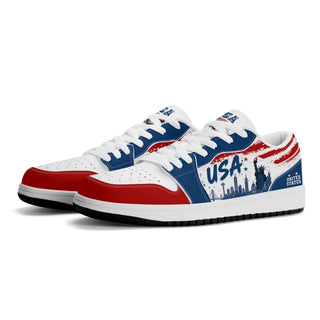 USA soccer flag Jamrock Low sneakers with red white and blue design, red laces, skyline artwork, and Statue of Liberty details