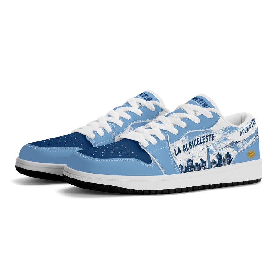 Argentina soccer flag Jamrock Low sneakers with sky blue white black and gold inspired design, La Albiceleste fan style, and low top streetwear silhouette