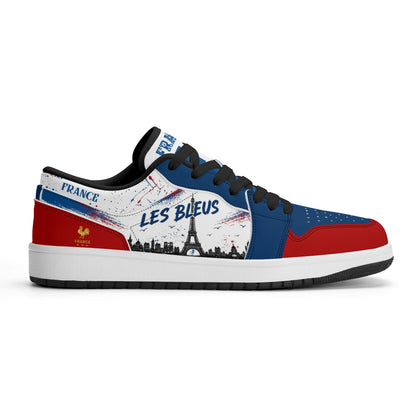 France soccer flag Jamrock Low sneakers in blue, white and red with Les Bleus lettering, FRANCE text and Eiffel Tower skyline artwork