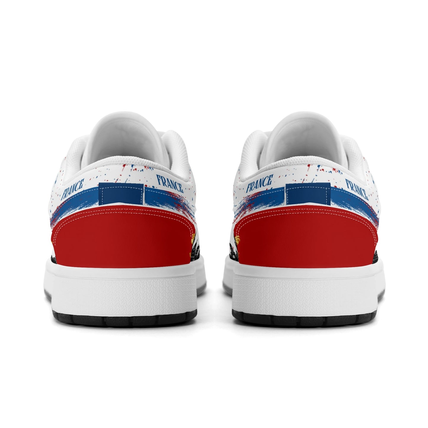France soccer flag Jamrock Low sneakers in blue, white and red with Les Bleus lettering, FRANCE text and Eiffel Tower skyline artwork