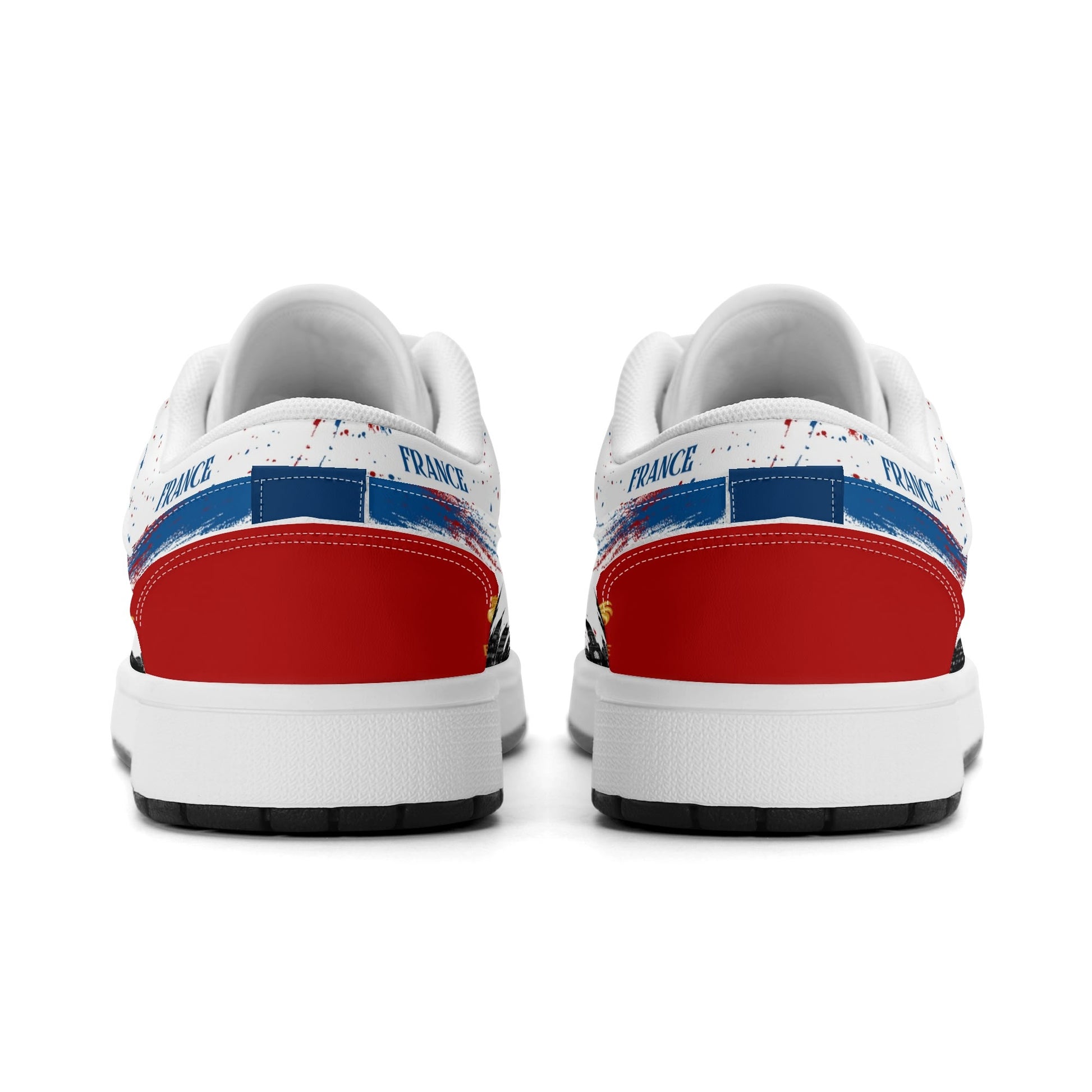 France soccer flag Jamrock Low sneakers in blue, white and red with Les Bleus lettering, FRANCE text and Eiffel Tower skyline artwork