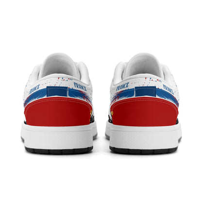France soccer flag Jamrock Low sneakers in blue, white and red with Les Bleus lettering, FRANCE text and Eiffel Tower skyline artwork