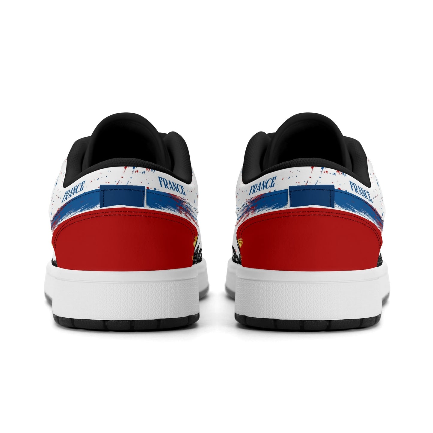 France soccer flag Jamrock Low sneakers in blue, white and red with Les Bleus lettering, FRANCE text and Eiffel Tower skyline artwork