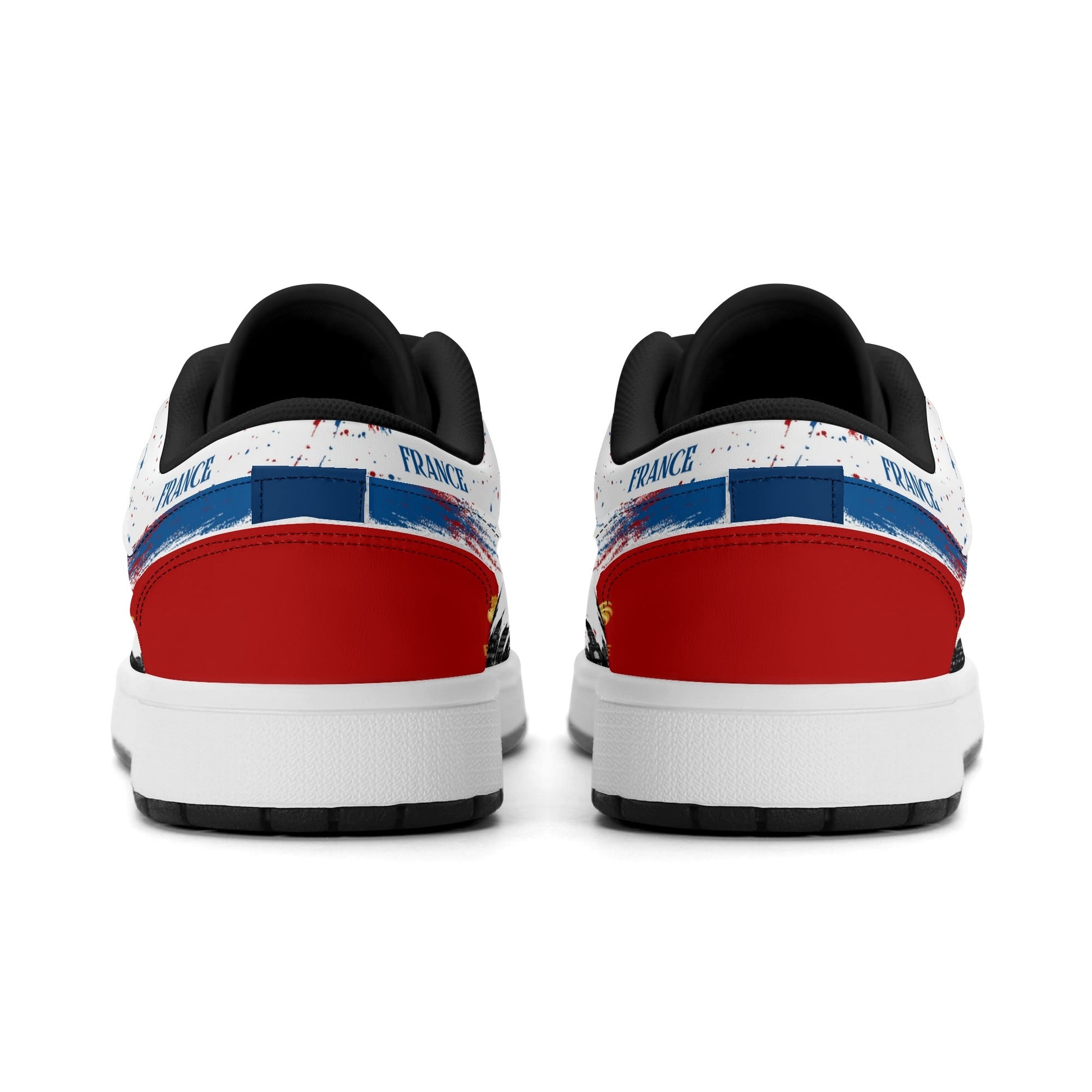France soccer flag Jamrock Low sneakers in blue, white and red with Les Bleus lettering, FRANCE text and Eiffel Tower skyline artwork