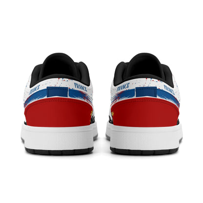 France soccer flag Jamrock Low sneakers in blue, white and red with Les Bleus lettering, FRANCE text and Eiffel Tower skyline artwork