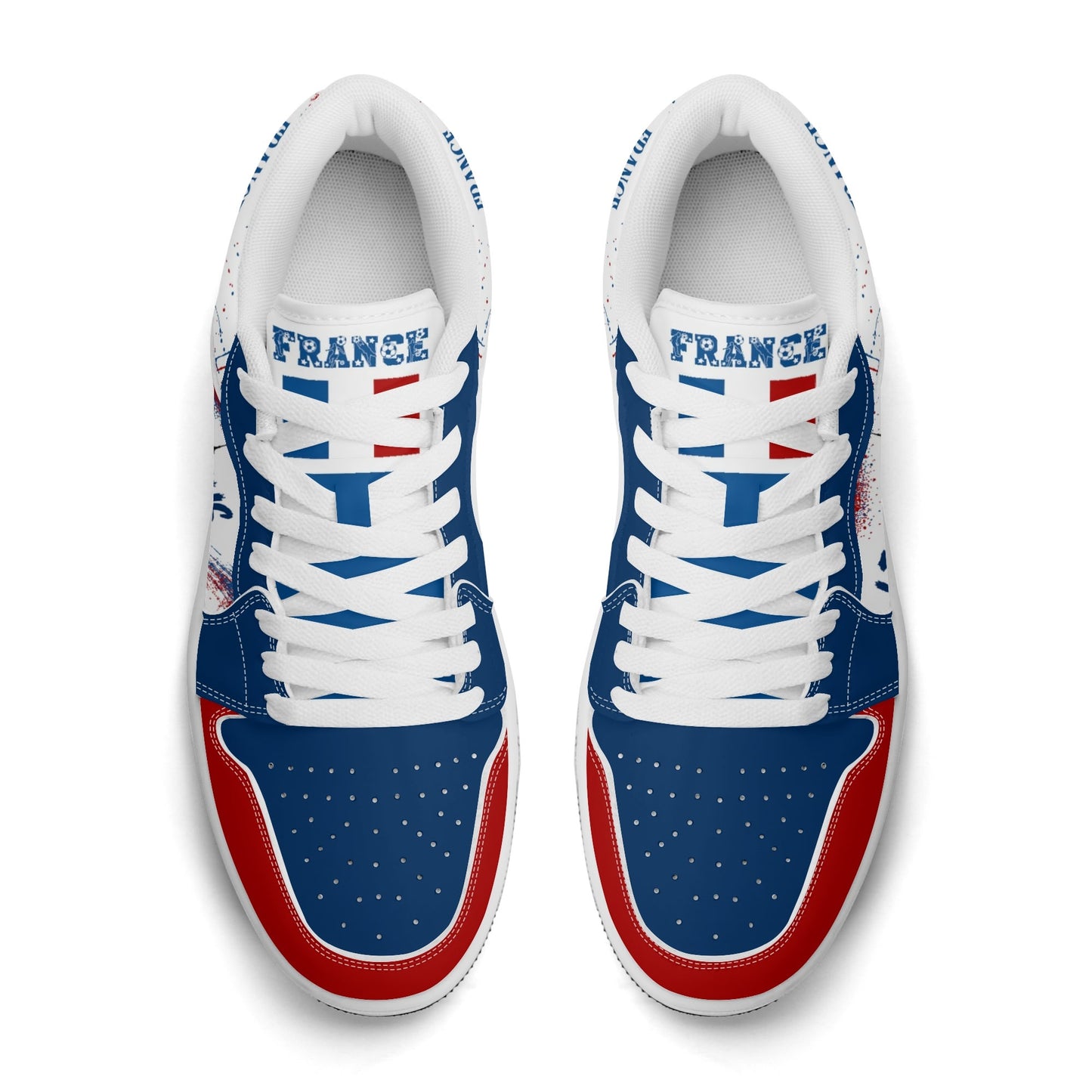 France soccer flag Jamrock Low sneakers in blue, white and red with Les Bleus lettering, FRANCE text and Eiffel Tower skyline artwork