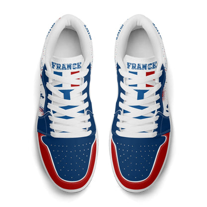 France soccer flag Jamrock Low sneakers in blue, white and red with Les Bleus lettering, FRANCE text and Eiffel Tower skyline artwork