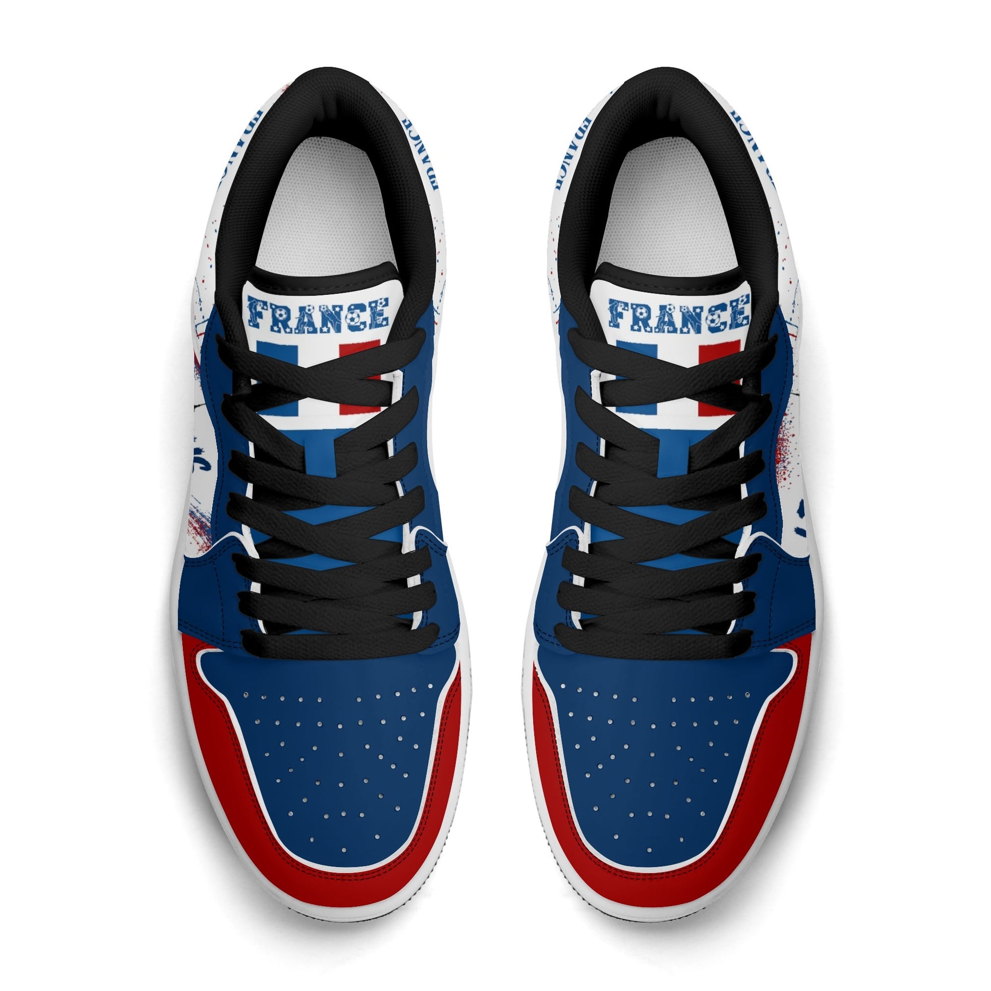 France soccer flag Jamrock Low sneakers in blue, white and red with Les Bleus lettering, FRANCE text and Eiffel Tower skyline artwork