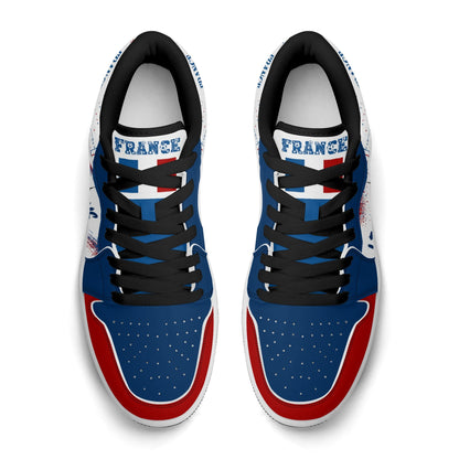France soccer flag Jamrock Low sneakers in blue, white and red with Les Bleus lettering, FRANCE text and Eiffel Tower skyline artwork