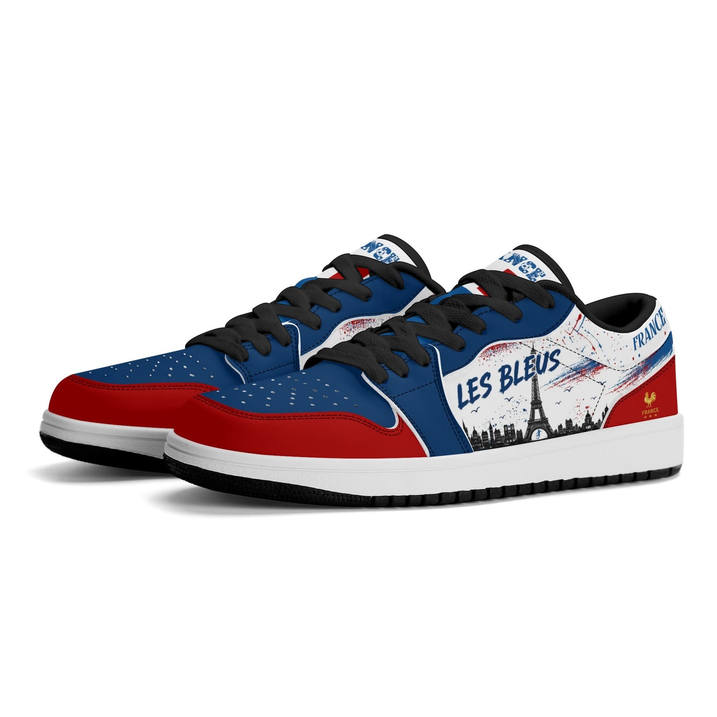 France soccer flag Jamrock Low sneakers in blue, white and red with Les Bleus lettering, FRANCE text and Eiffel Tower skyline artwork