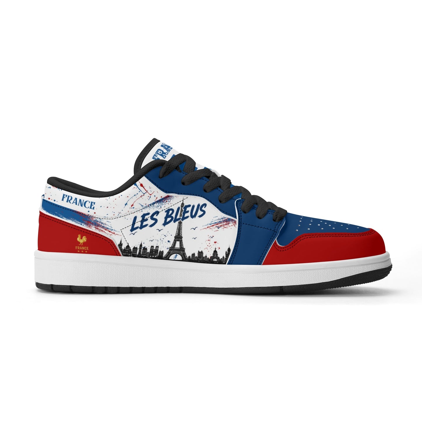France soccer flag Jamrock Low sneakers in blue, white and red with Les Bleus lettering, FRANCE text and Eiffel Tower skyline artwork