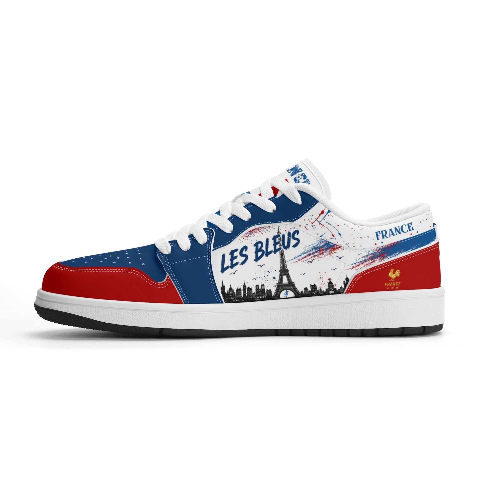 France soccer flag Jamrock Low sneakers in blue, white and red with Les Bleus lettering, FRANCE text and Eiffel Tower skyline artwork
