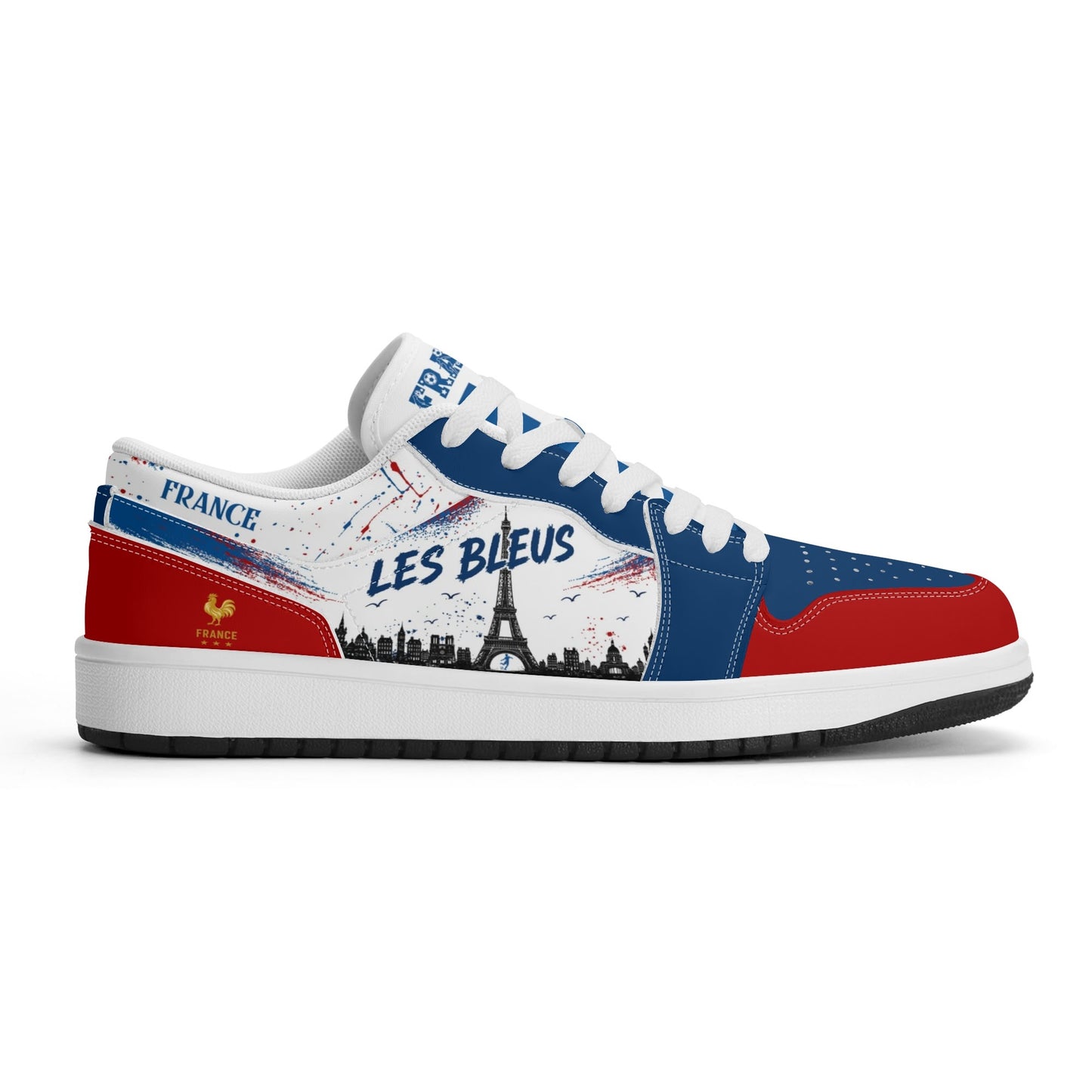 France soccer flag Jamrock Low sneakers in blue, white and red with Les Bleus lettering, FRANCE text and Eiffel Tower skyline artwork