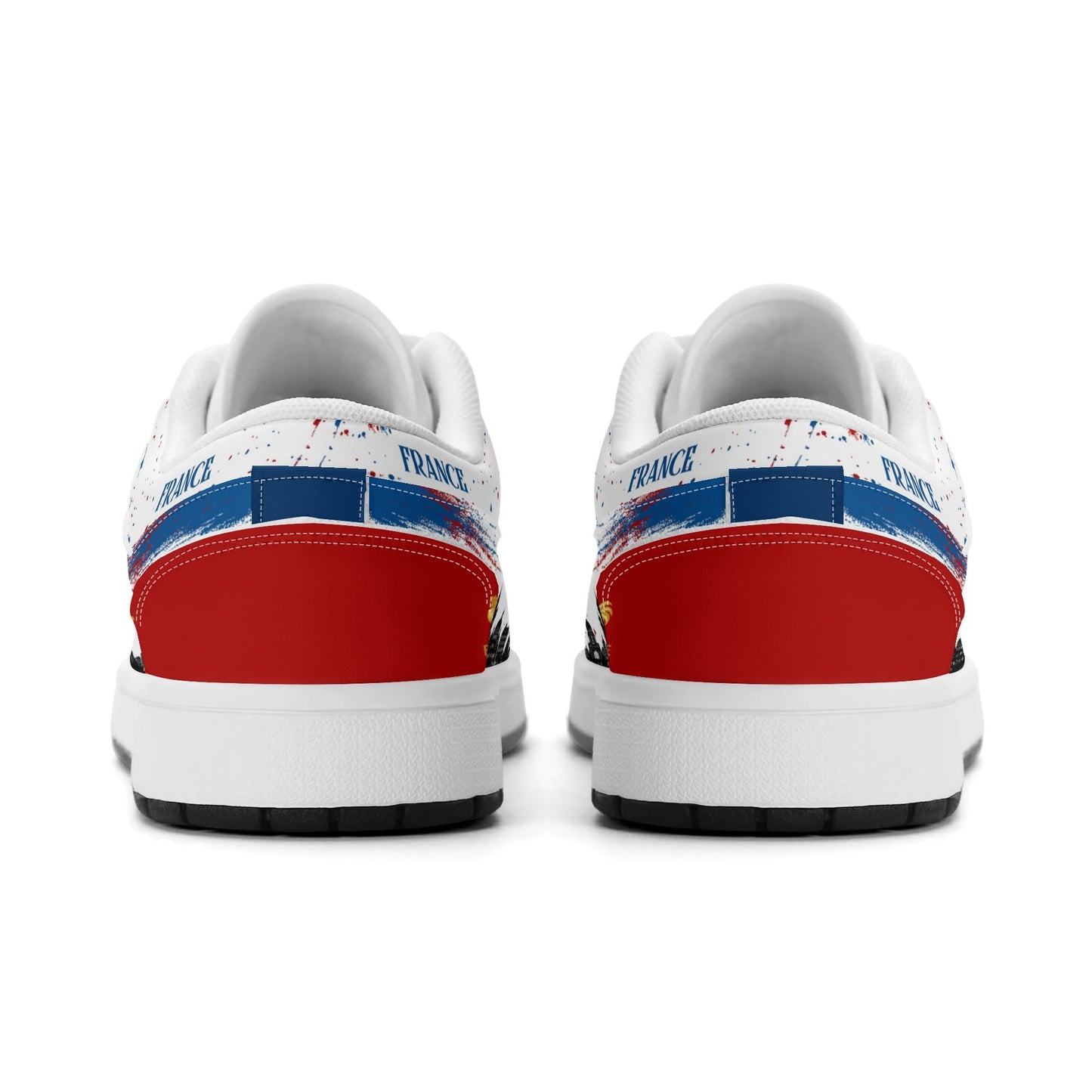 France soccer flag Jamrock Low sneakers in blue, white and red with Les Bleus lettering, FRANCE text and Eiffel Tower skyline artwork