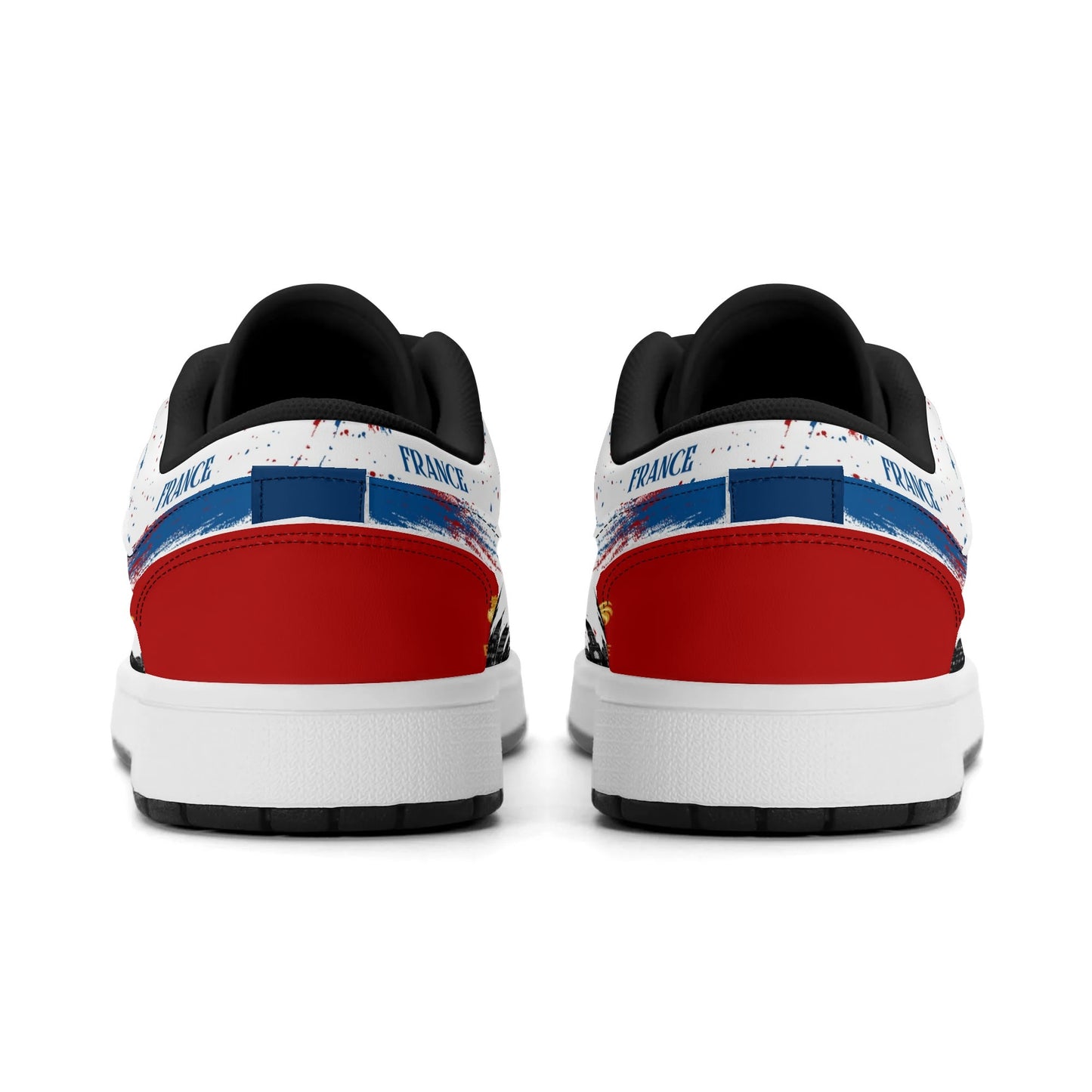 France soccer flag Jamrock Low sneakers in blue, white and red with Les Bleus lettering, FRANCE text and Eiffel Tower skyline artwork