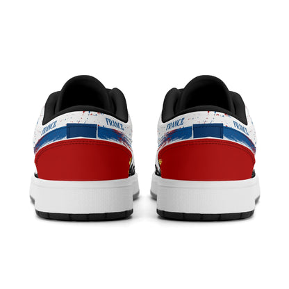 France soccer flag Jamrock Low sneakers in blue, white and red with Les Bleus lettering, FRANCE text and Eiffel Tower skyline artwork