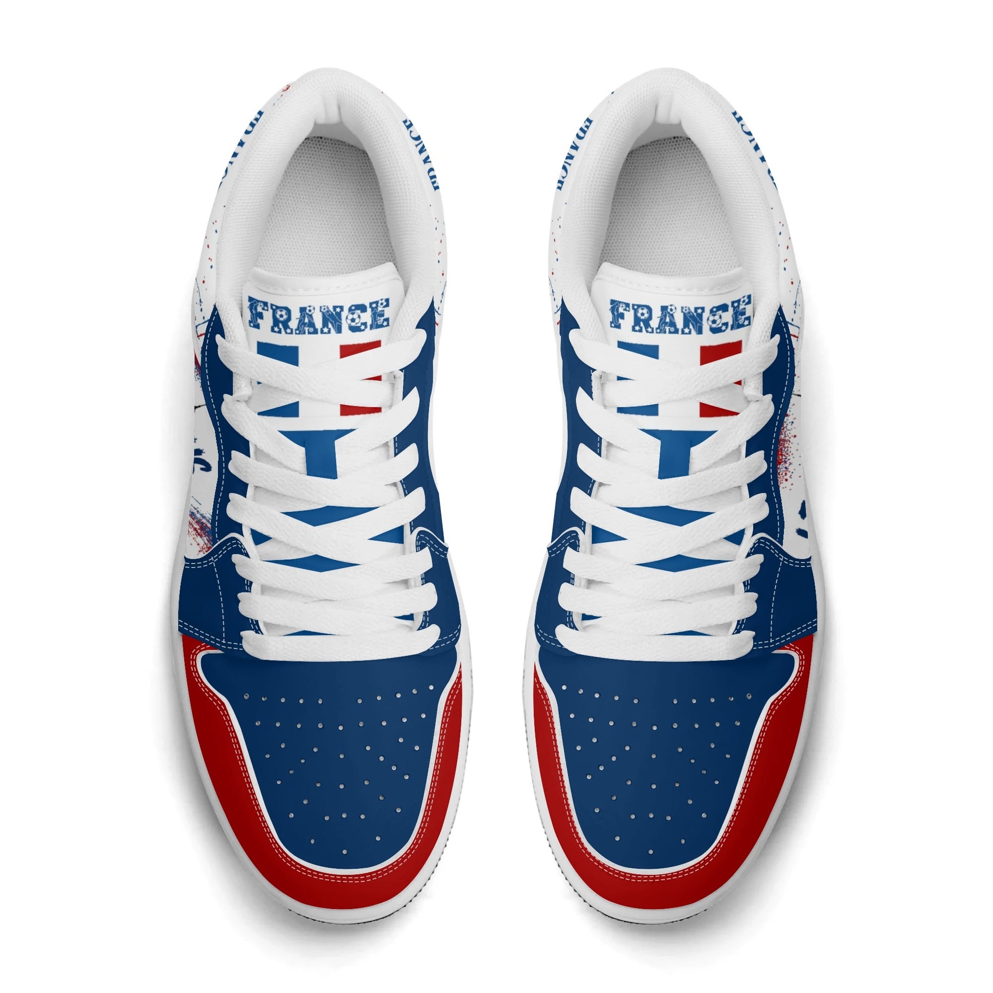 France soccer flag Jamrock Low sneakers in blue, white and red with Les Bleus lettering, FRANCE text and Eiffel Tower skyline artwork