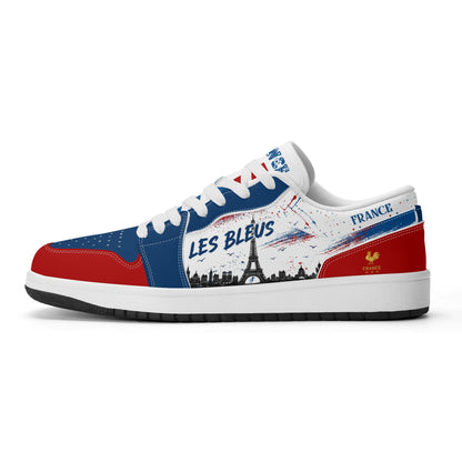 France soccer flag Jamrock Low sneakers in blue, white and red with Les Bleus lettering, FRANCE text and Eiffel Tower skyline artwork