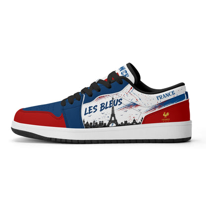 France soccer flag Jamrock Low sneakers in blue, white and red with Les Bleus lettering, FRANCE text and Eiffel Tower skyline artwork