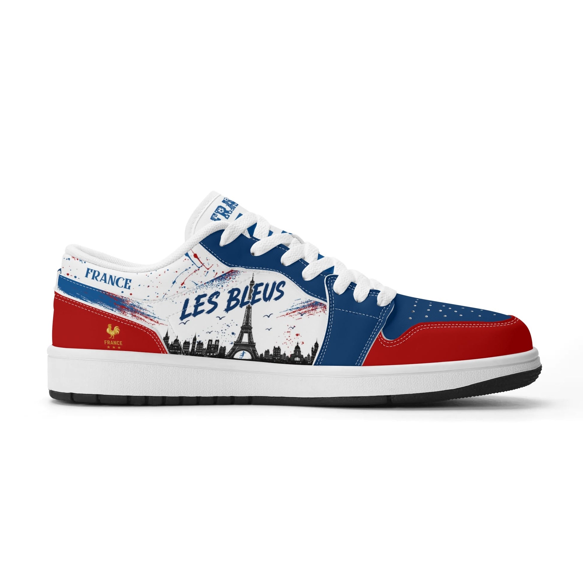 France soccer flag Jamrock Low sneakers in blue, white and red with Les Bleus lettering, FRANCE text and Eiffel Tower skyline artwork