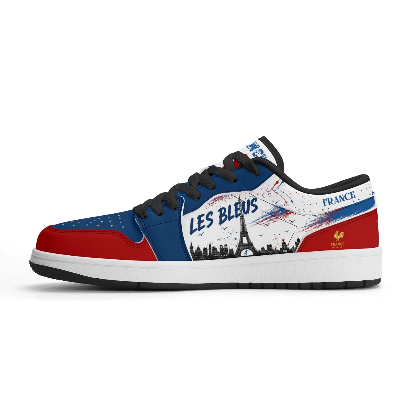 France soccer flag Jamrock Low sneakers in blue, white and red with Les Bleus lettering, FRANCE text and Eiffel Tower skyline artwork
