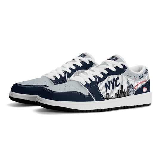 New York baseball-inspired Jamrock Low top sneakers in navy and gray with white pinstripe paneling and an all-over NYC skyline graphic printed upper