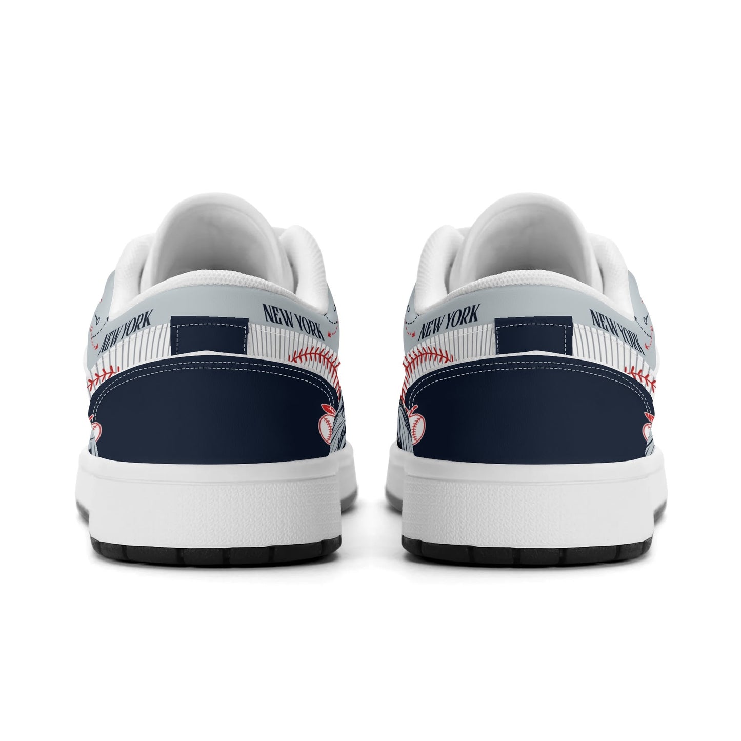 New York baseball-inspired Jamrock Low top sneakers in navy and gray with white pinstripe paneling and an all-over NYC skyline graphic printed upper
