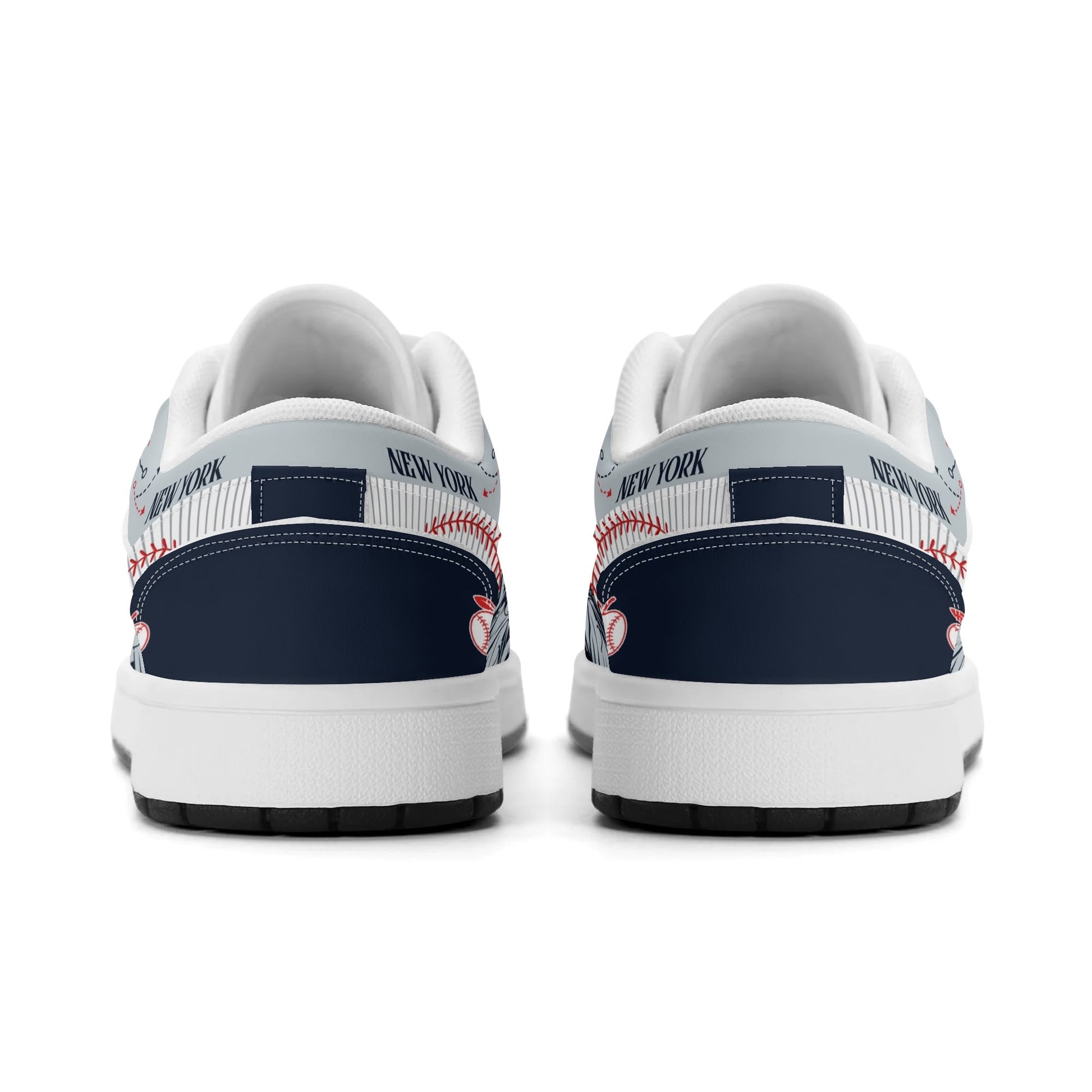 New York baseball-inspired Jamrock Low top sneakers in navy and gray with white pinstripe paneling and an all-over NYC skyline graphic printed upper