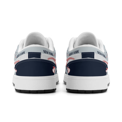 New York baseball-inspired Jamrock Low top sneakers in navy and gray with white pinstripe paneling and an all-over NYC skyline graphic printed upper