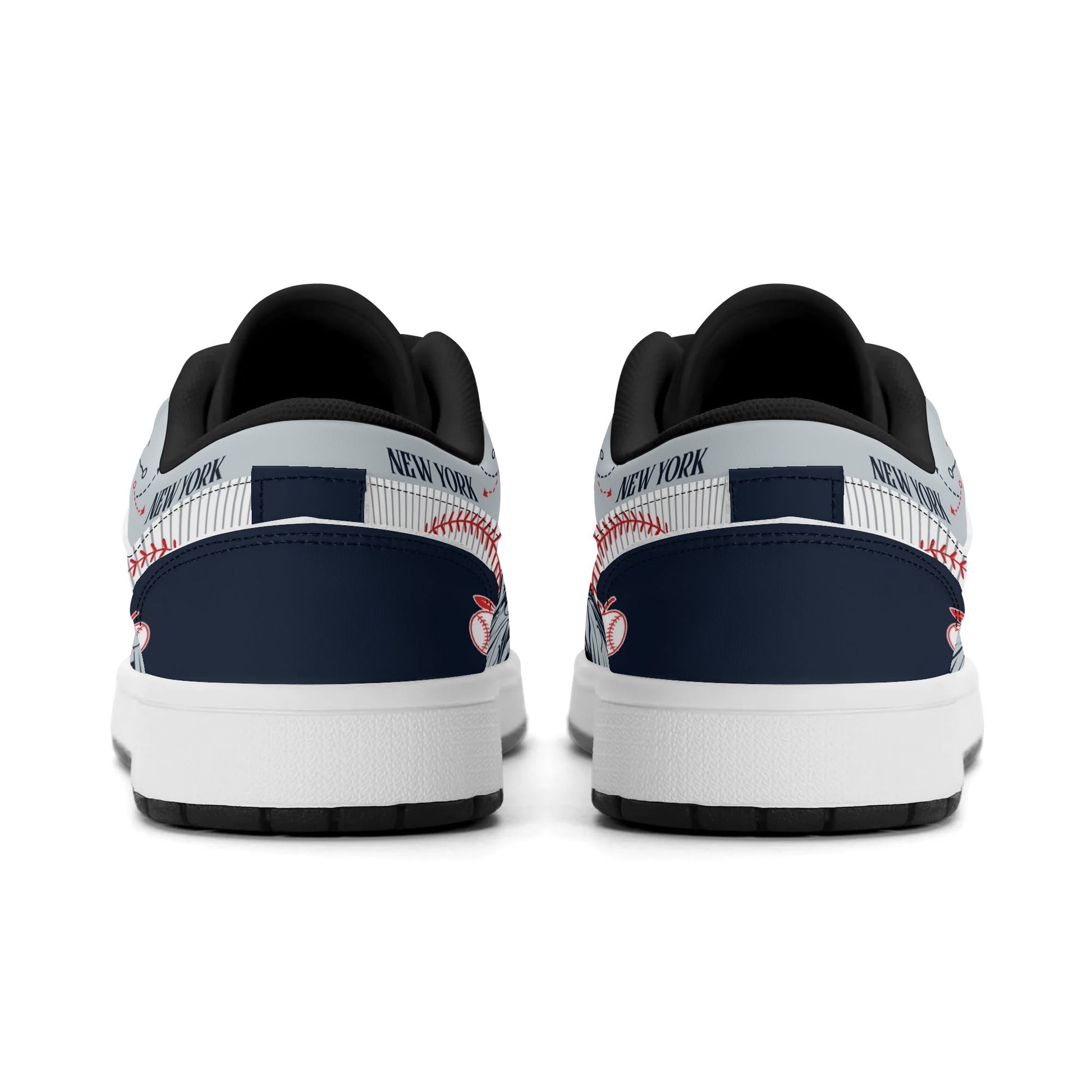 New York baseball-inspired Jamrock Low top sneakers in navy and gray with white pinstripe paneling and an all-over NYC skyline graphic printed upper