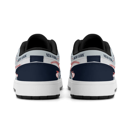 New York baseball-inspired Jamrock Low top sneakers in navy and gray with white pinstripe paneling and an all-over NYC skyline graphic printed upper