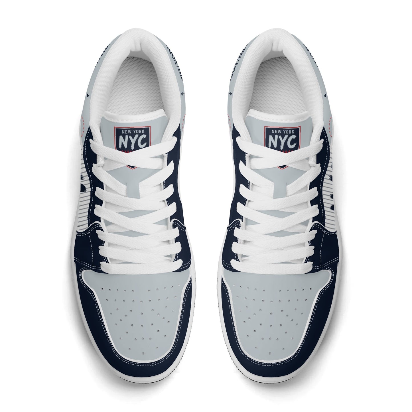 New York baseball-inspired Jamrock Low top sneakers in navy and gray with white pinstripe paneling and an all-over NYC skyline graphic printed upper