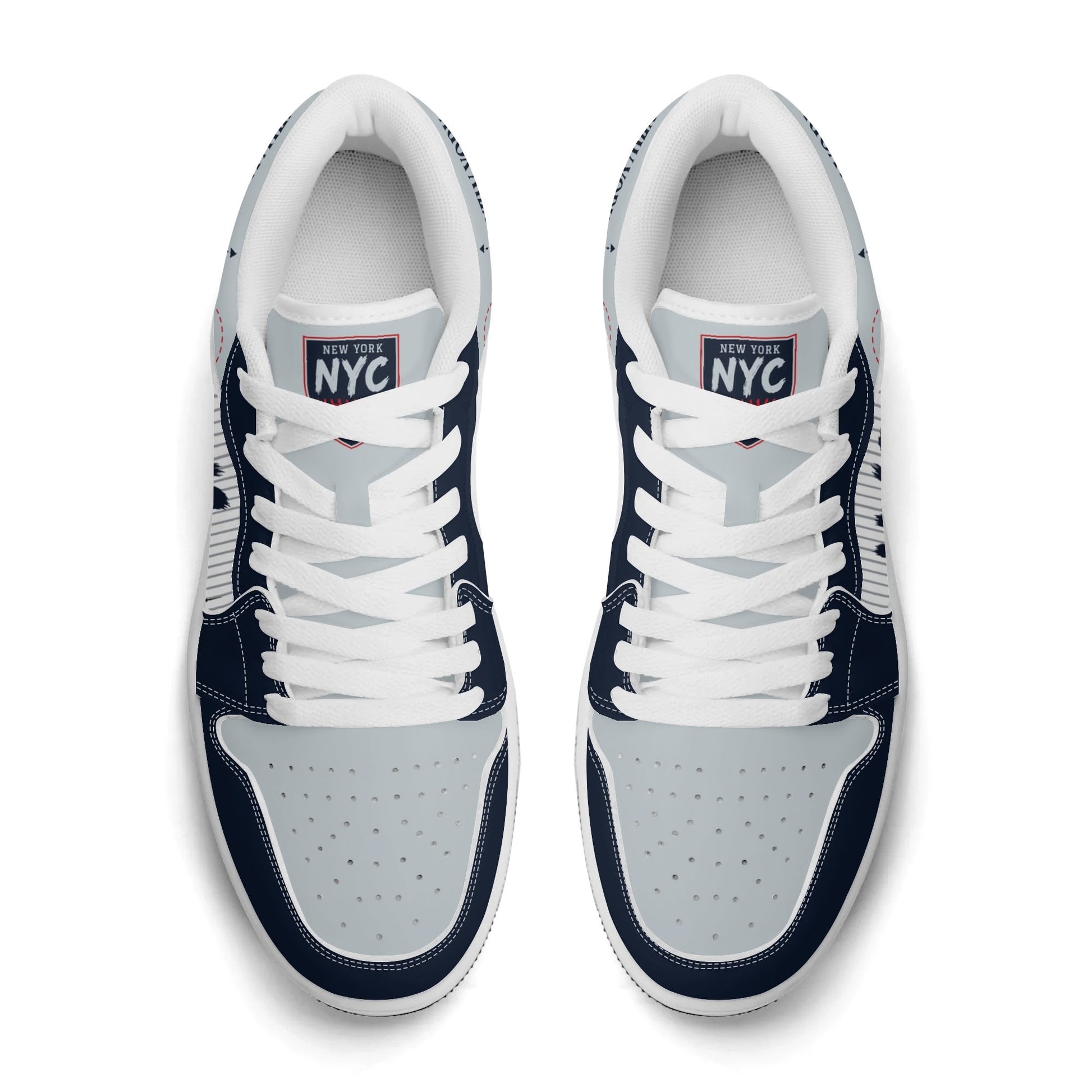 New York baseball-inspired Jamrock Low top sneakers in navy and gray with white pinstripe paneling and an all-over NYC skyline graphic printed upper