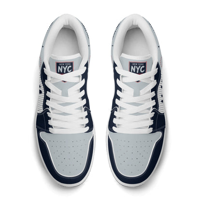 New York baseball-inspired Jamrock Low top sneakers in navy and gray with white pinstripe paneling and an all-over NYC skyline graphic printed upper