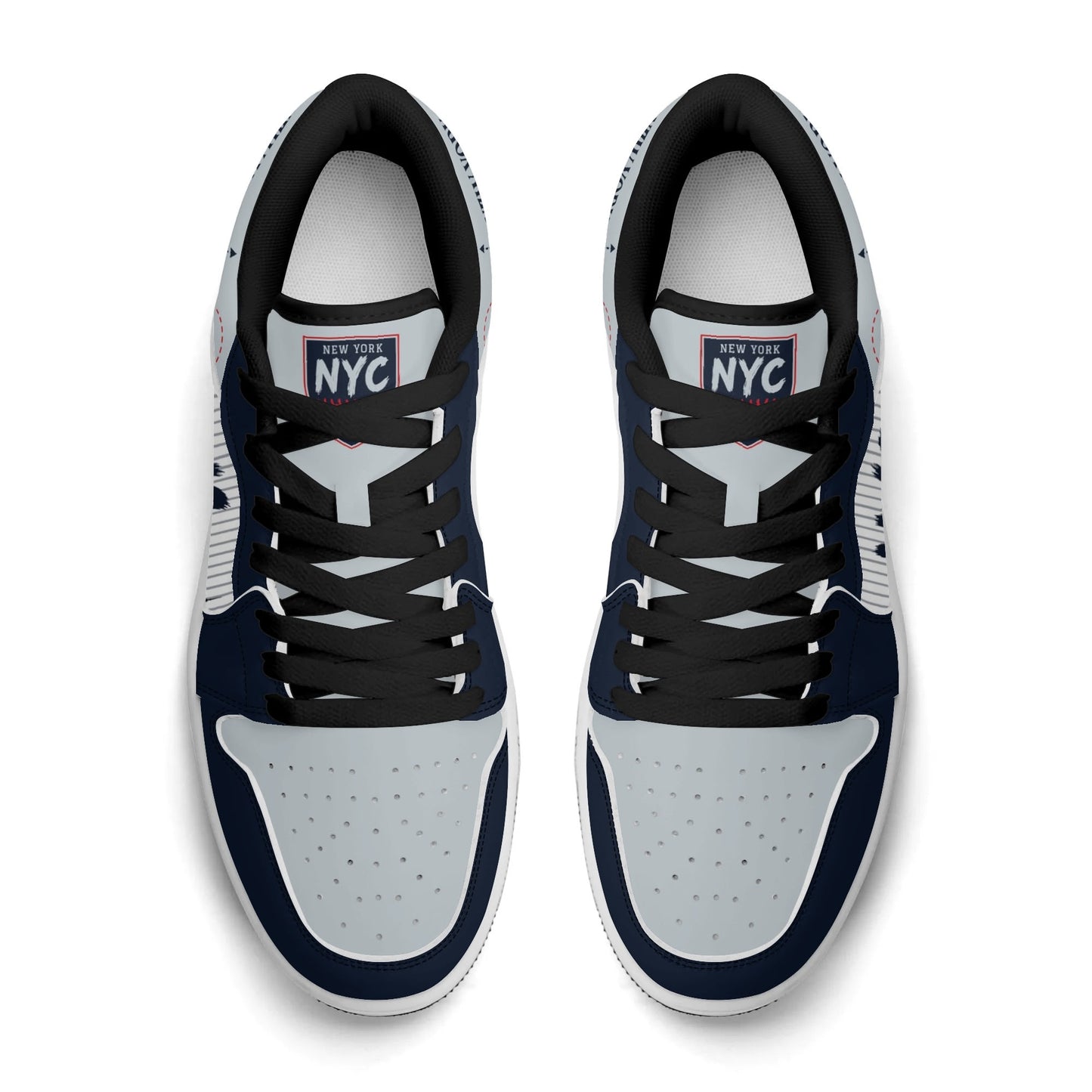 New York baseball-inspired Jamrock Low top sneakers in navy and gray with white pinstripe paneling and an all-over NYC skyline graphic printed upper