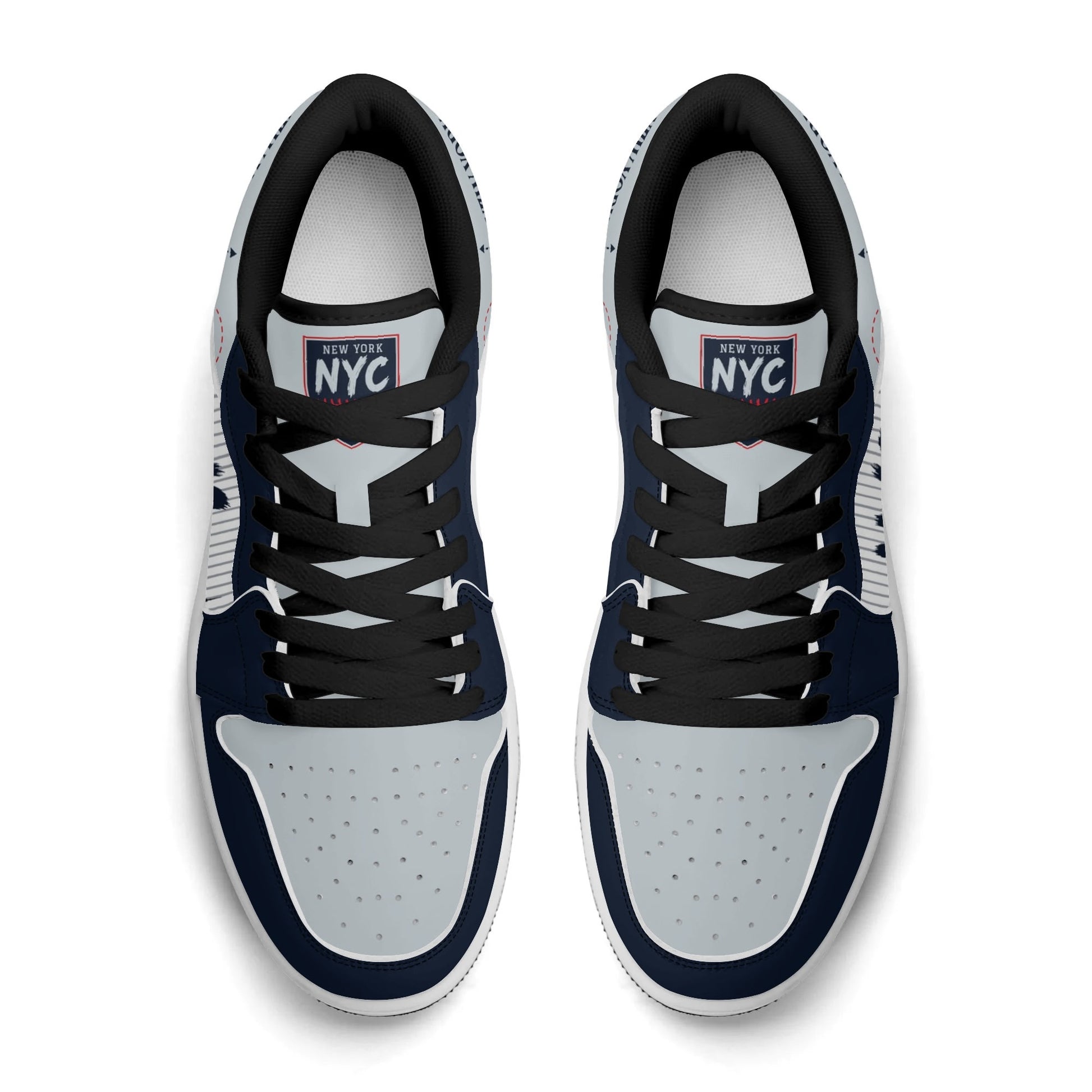 New York baseball-inspired Jamrock Low top sneakers in navy and gray with white pinstripe paneling and an all-over NYC skyline graphic printed upper