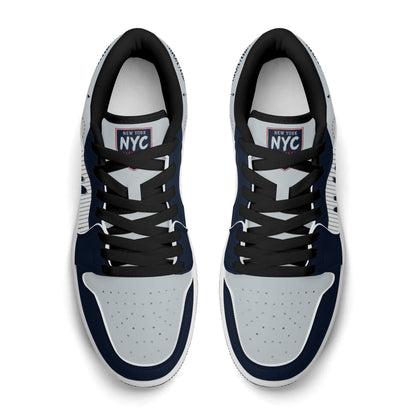 New York baseball-inspired Jamrock Low top sneakers in navy and gray with white pinstripe paneling and an all-over NYC skyline graphic printed upper
