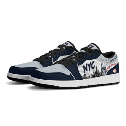 New York baseball-inspired Jamrock Low top sneakers in navy and gray with white pinstripe paneling and an all-over NYC skyline graphic printed upper