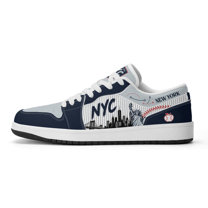 New York baseball-inspired Jamrock Low top sneakers in navy and gray with white pinstripe paneling and an all-over NYC skyline graphic printed upper