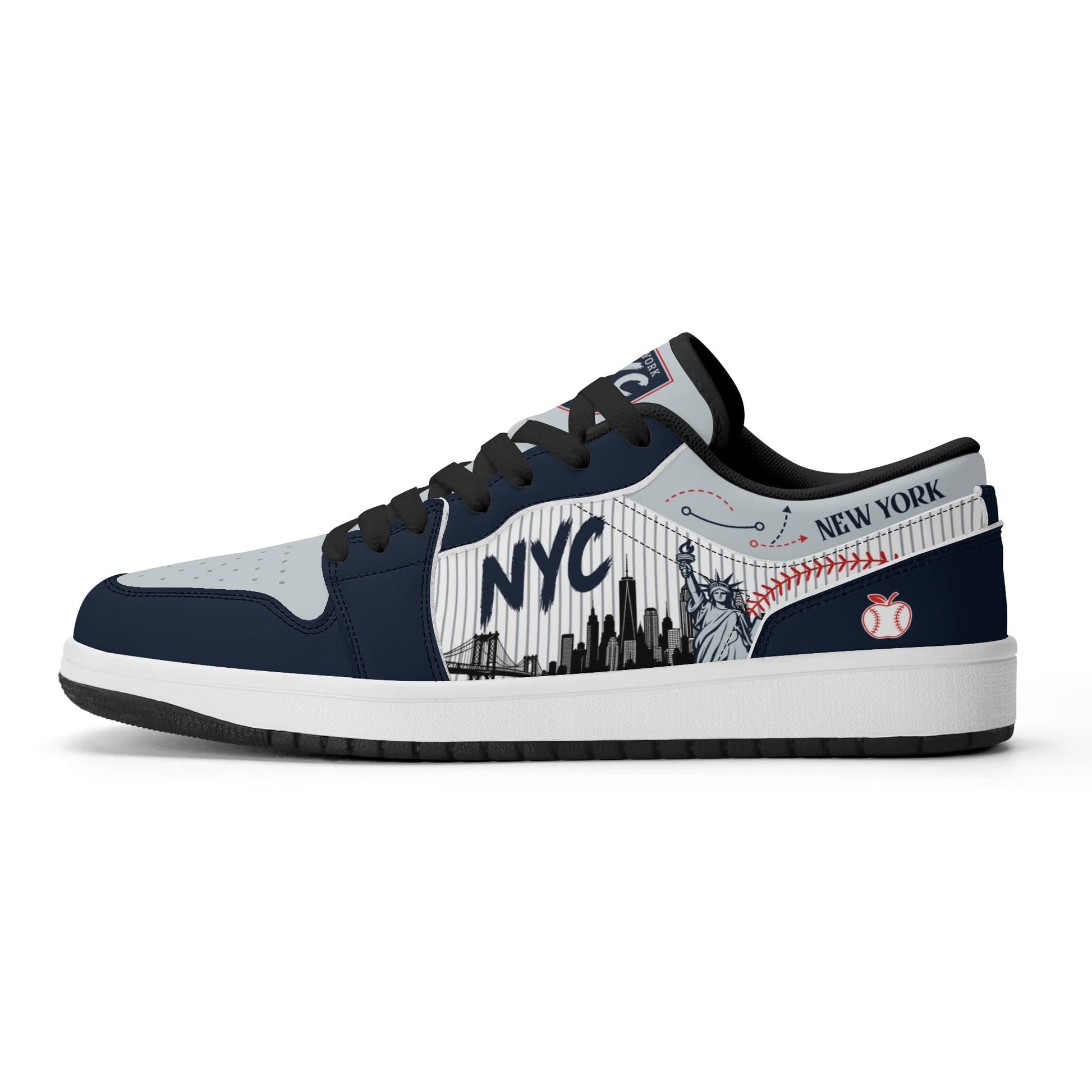 New York baseball-inspired Jamrock Low top sneakers in navy and gray with white pinstripe paneling and an all-over NYC skyline graphic printed upper