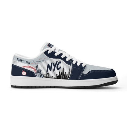 New York baseball-inspired Jamrock Low top sneakers in navy and gray with white pinstripe paneling and an all-over NYC skyline graphic printed upper