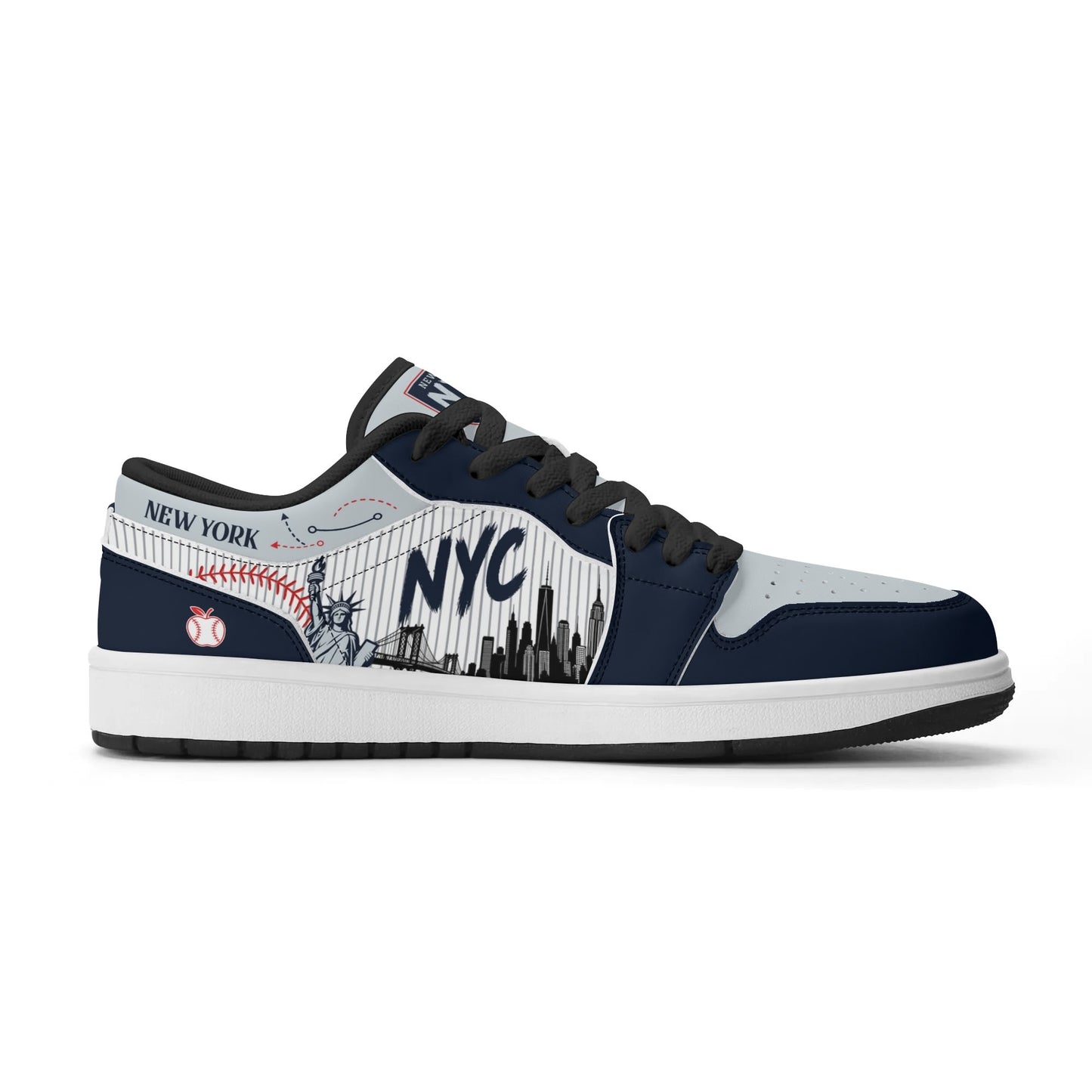 New York baseball-inspired Jamrock Low top sneakers in navy and gray with white pinstripe paneling and an all-over NYC skyline graphic printed upper