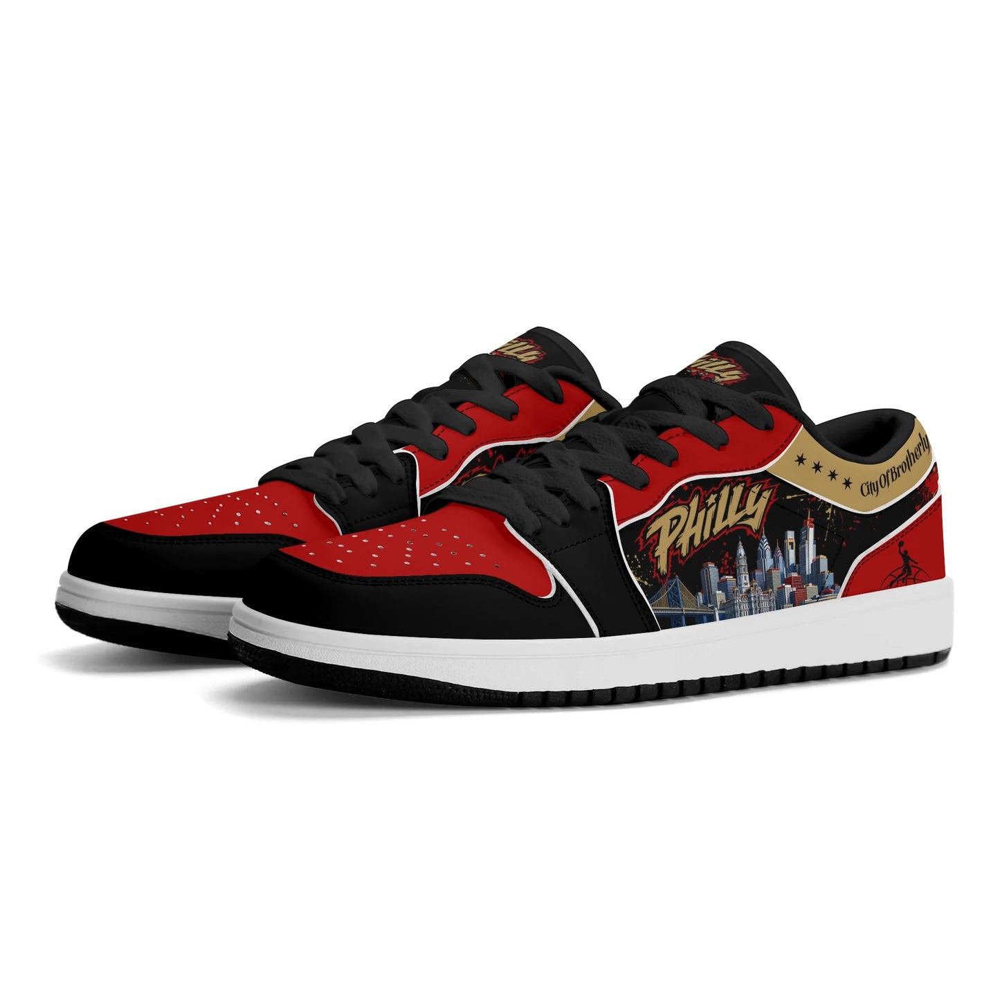 Philadelphia basketball-inspired Jamrock Low top sneakers in black with red and gold all-over city skyline graphic printed upper