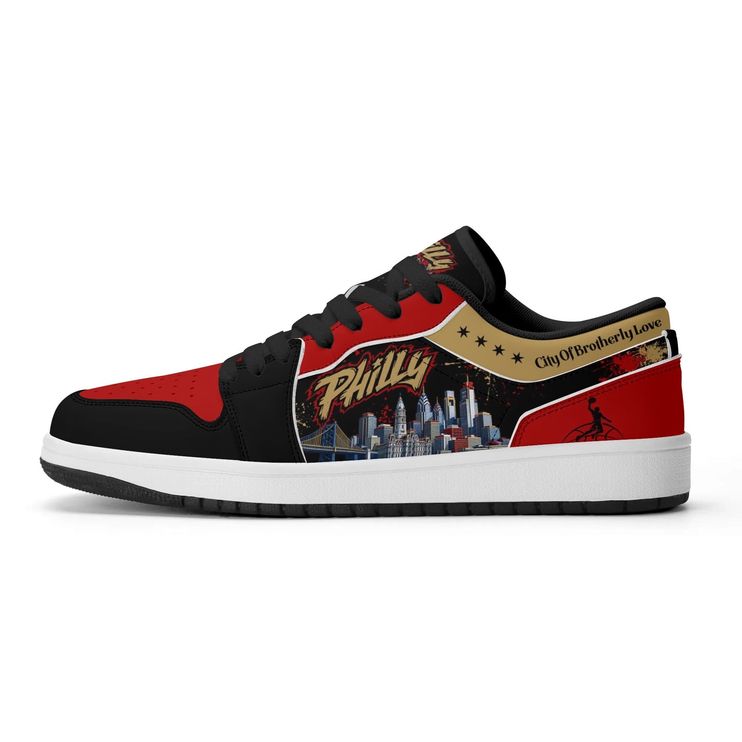 Philadelphia basketball-inspired Jamrock Low top sneakers in black with red and gold all-over city skyline graphic printed upper