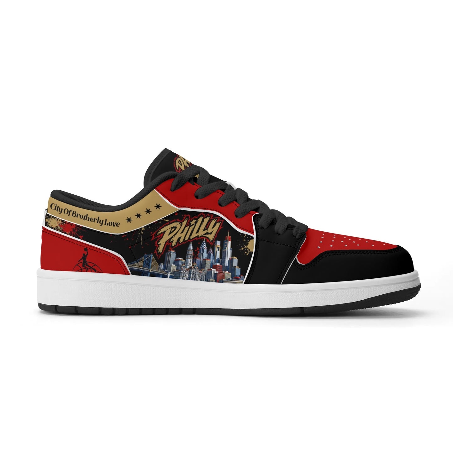 Philadelphia basketball-inspired Jamrock Low top sneakers in black with red and gold all-over city skyline graphic printed upper
