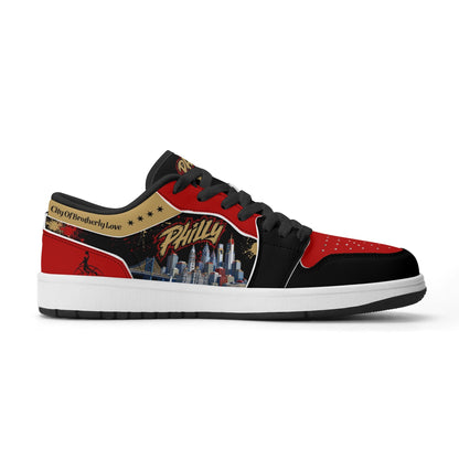 Philadelphia basketball-inspired Jamrock Low top sneakers in black with red and gold all-over city skyline graphic printed upper