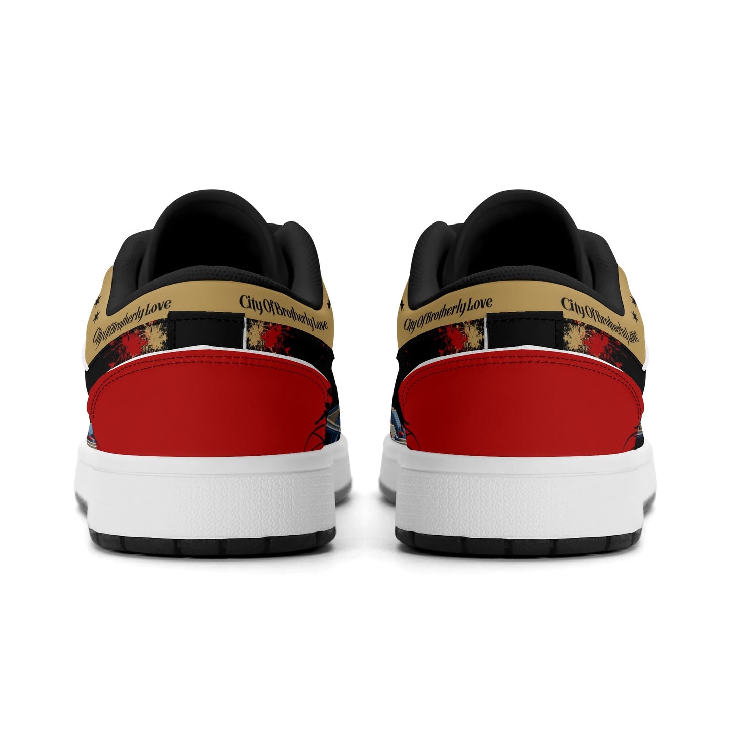 Philadelphia basketball-inspired Jamrock Low top sneakers in black with red and gold all-over city skyline graphic printed upper