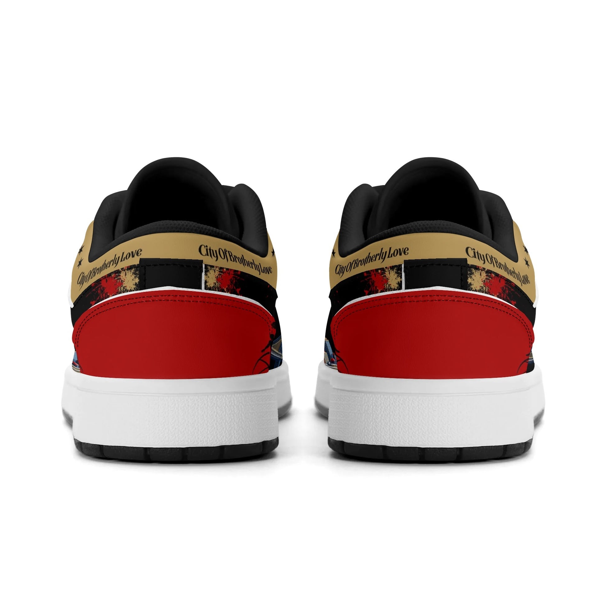 Philadelphia basketball-inspired Jamrock Low top sneakers in black with red and gold all-over city skyline graphic printed upper